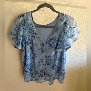 Blue Flutter Sleeve Ruffled Blouse